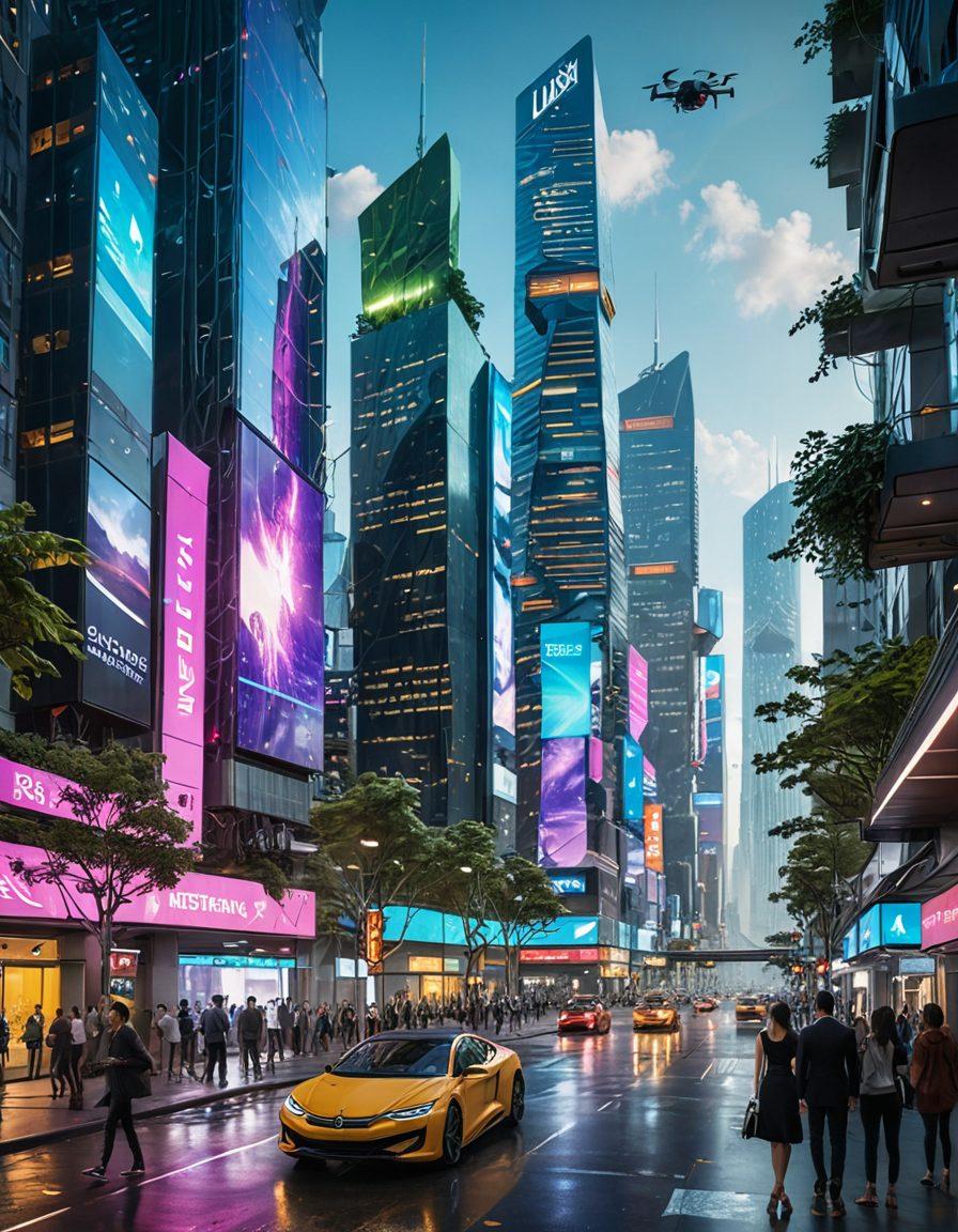 A futuristic cityscape with digital screens displaying various insurance solutions, a diverse group of people engaging with web-based interfaces, symbolizing innovation and accessibility. Include elements like flying drones, holographic platforms, and lush greenery woven into the urban environment to represent sustainability. The atmosphere should convey a sense of advancement and community. cyberpunk. vibrant colors. super-realistic.
