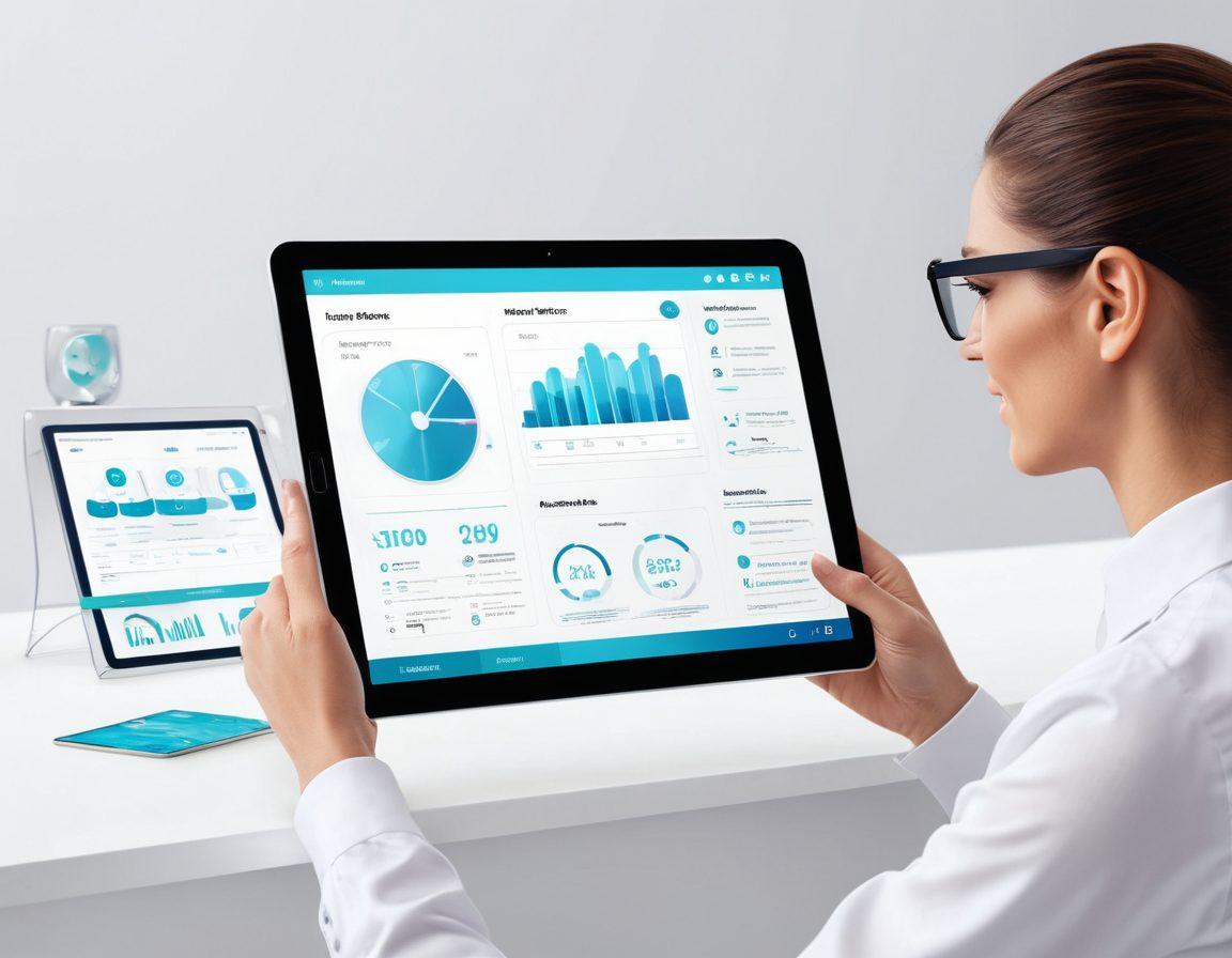 A sleek, modern virtual interface showcasing a user navigating through an insurance platform on a tablet, with friendly digital avatars representing various services and benefits. The background features calming, abstract shapes symbolizing efficiency and ease, while the screen displays clear information and graphs illustrating savings and speed. The scene is bright with futuristic elements that convey trust and innovation. 3D. vibrant colors. white background.