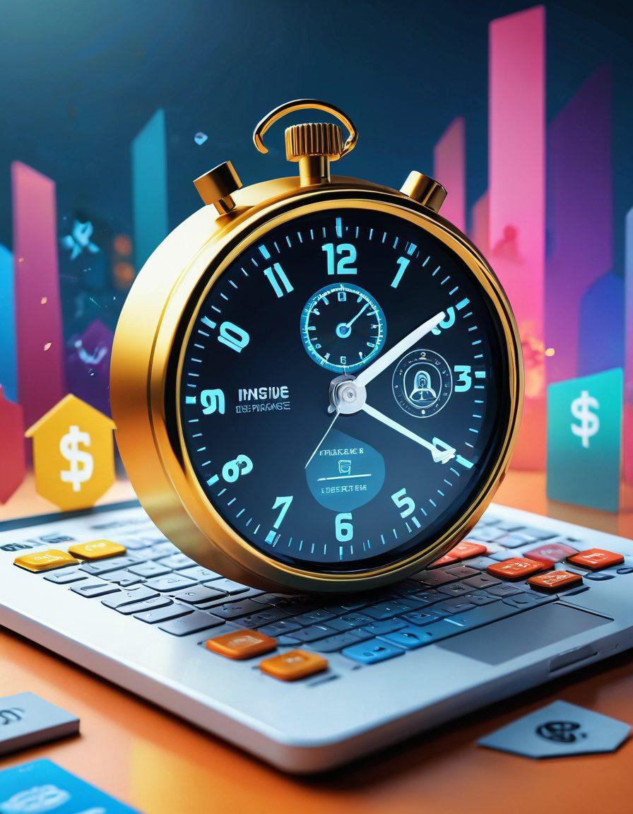 A modern, digital landscape showcasing a vibrant, user-friendly website interface with icons representing various insurance services. Include a futuristic key unlocking a digital chest filled with symbols of affordability like coins and dollar signs. Visual elements that represent speed, such as a stopwatch or fast-forward arrows, emphasize instant access. Bright colors and a dynamic, tech-inspired background to evoke a sense of innovation and convenience. super-realistic. vibrant colors. 3D.